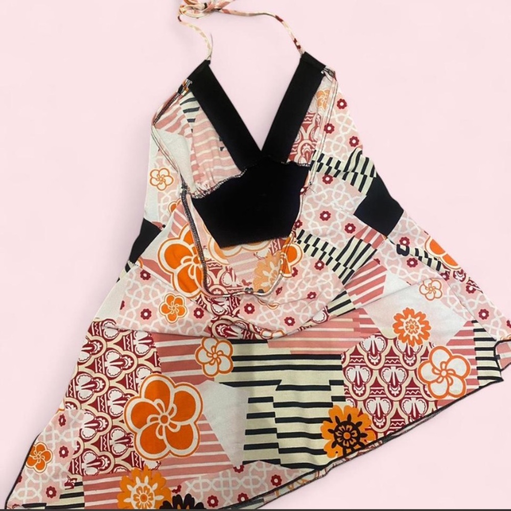 Y2k vintage Floral Patchwork Halter Tank Top with open back and adjustable - Picture 3 of 5